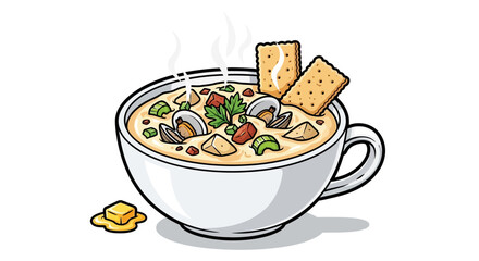 Delicious and creamy clam chowder with crackers in a mug vector illustration