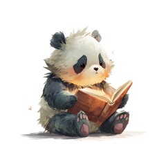 Cute Panda Cub Reads History Book in Watercolor Style on White Background