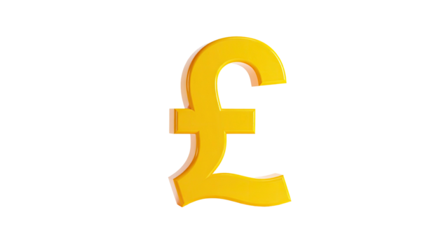 A glossy, golden, 3D pound sign floats isolated on a black background