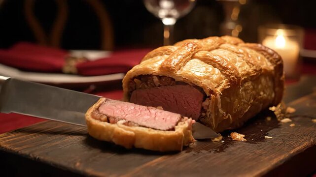 Slicing a Perfectly Cooked Beef Wellington for an Elegant Gourmet Dinner by Candlelight