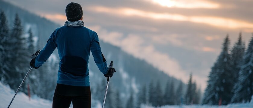 Man cross-country skiing, winter mountain view
