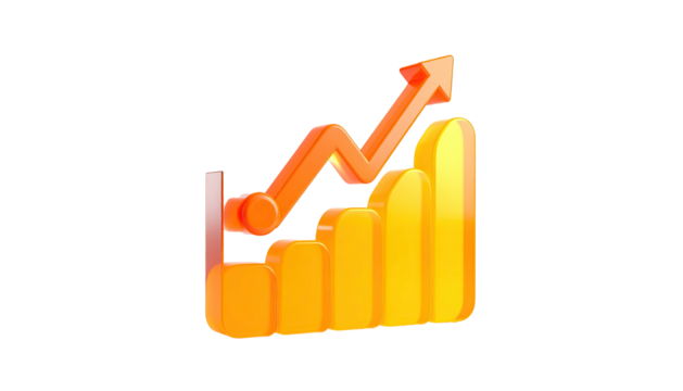 Shiny 3D orange and yellow bar graph with an upward-pointing orange arrow