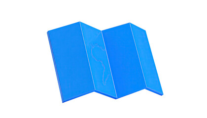 A luminous, stylized blue folded map, angled against a pure black background
