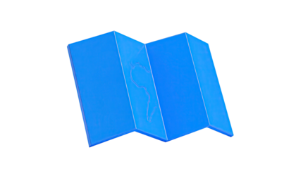 A luminous, stylized blue folded map, angled against a pure black background