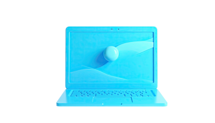 Blue laptop with floating sphere and sculpted landscape on its screen