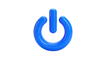 Glossy blue power button graphic against a stark black backdrop