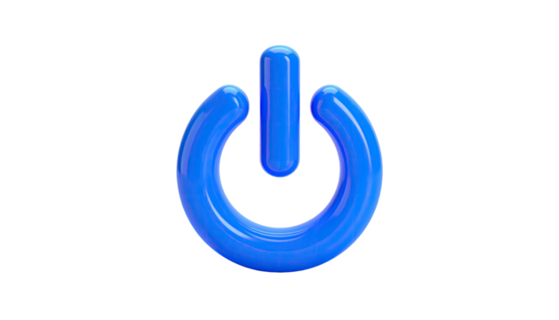 Glossy blue power button graphic against a stark black backdrop
