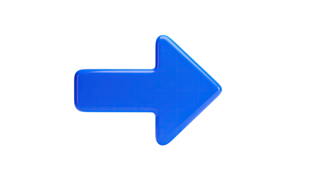 A glossy, blue, right-pointing arrow on a stark, black background