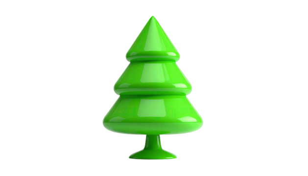 Glossy, stylized evergreen tree with rounded tiers, set against a black background - Powered by Adobe