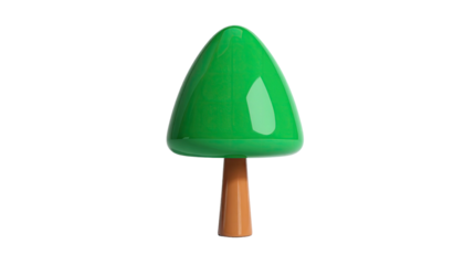 A glossy green cartoon tree with a brown trunk against a solid black background