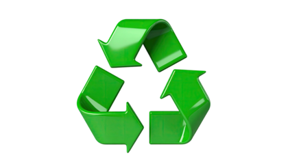 Bright green, glossy symbol with three chasing arrows, representing resource renewal