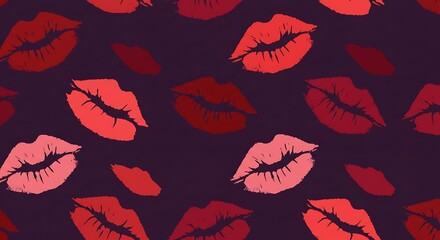 Vibrant red lipstick kiss marks pattern against a dark purple background