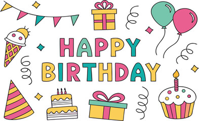 Birthday party set of vector illustrations with a seamless pattern of gifts, cakes, and decorations for a child's celebration card