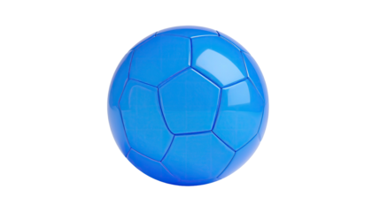 A bright blue soccer ball floats against a black background, showing textured facets