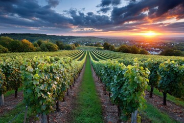Fototapeta premium Vineyard Sunset Over Picturesque Village Landscape