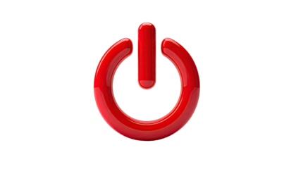 A shiny, red power button rendered in 3D, centered on a stark black background