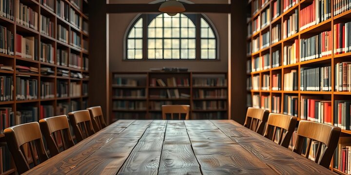 Rustic wooden table in a quiet library setting, library background, office