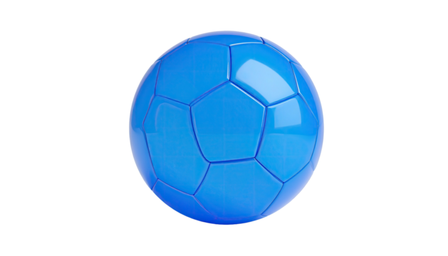A bright blue soccer ball floats against a black background, showing textured facets