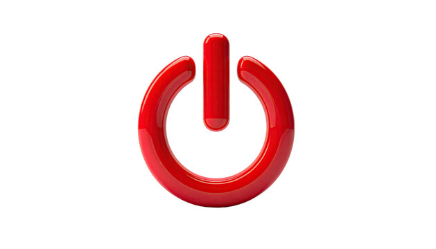 A shiny, red power button rendered in 3D, centered on a stark black background
