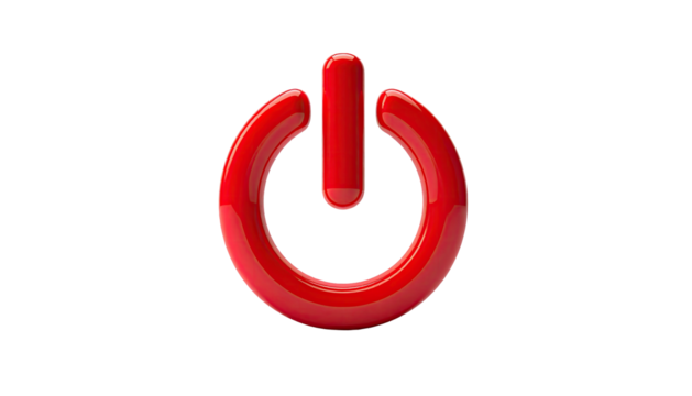 A shiny, red power button rendered in 3D, centered on a stark black background