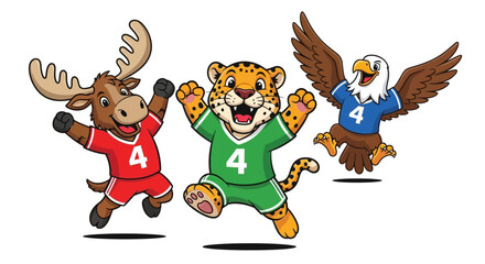 Cartoon animal sports team featuring a moose jaguar and eagle wearing number four jerseys