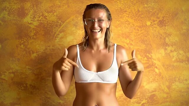 Smiling Woman in White Bikini Posing in front of Textured Golden Background in Studio Environment with Natural Light and Transparent Glasses and Pointing Fingers During a Body Positivity Campaign