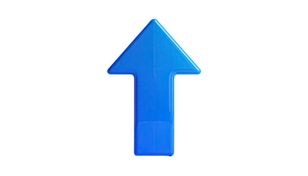 3D-rendered, vibrant blue arrow pointing upwards against a stark black background