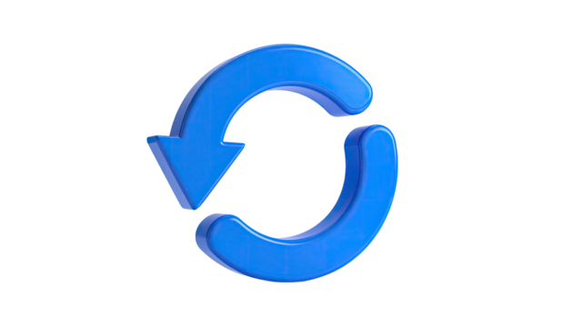 A glossy, blue, stylized arrow forms a looping circle against a black background