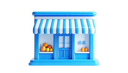 3D rendered blue store with white awning, windows, door, and fruit displays