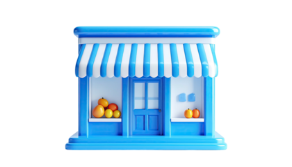 3D rendered blue store with white awning, windows, door, and fruit displays