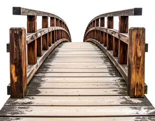 Wooden arched bridge, weathered planks, leading into distance