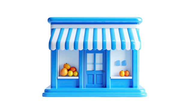 3D rendered blue store with white awning, windows, door, and fruit displays - Powered by Adobe