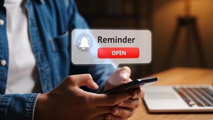 Person holding a smartphone receiving a reminder notification with a bell icon on the screen in a modern setting