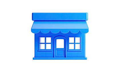 Blue 3D shop icon on black background, showcasing windows and a scalloped awning