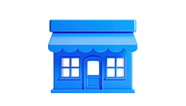 Blue 3D shop icon on black background, showcasing windows and a scalloped awning