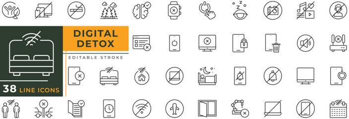 Digital Detox line icon set with editable stroke. Vector illustration.