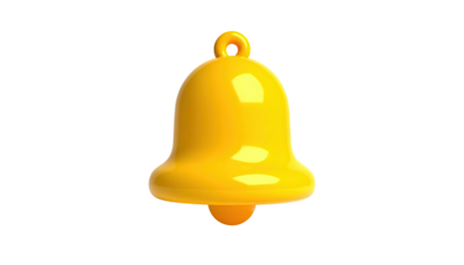 3D render of a bright yellow bell with a loop and curved edges against black