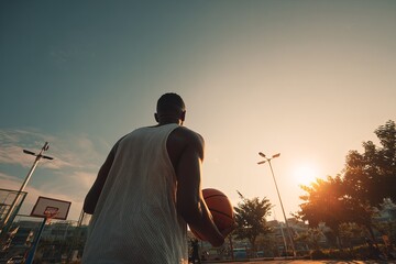 A young man playing basketball outdoors at sunset