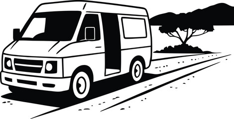 Van on Road with Tree Silhouette