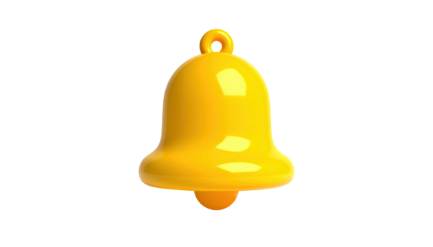 3D render of a bright yellow bell with a loop and curved edges against black