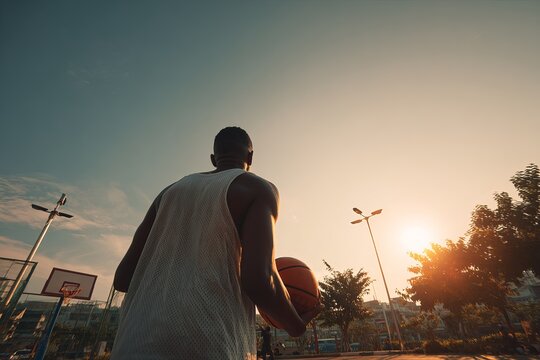 A young man playing basketball outdoors at sunset