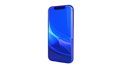 A blue touchscreen smartphone with glowing waves against a black background