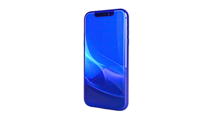 A blue touchscreen smartphone with glowing waves against a black background