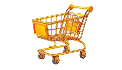 Golden-colored shopping cart isolated on a black background, rendering a 3D cartoon