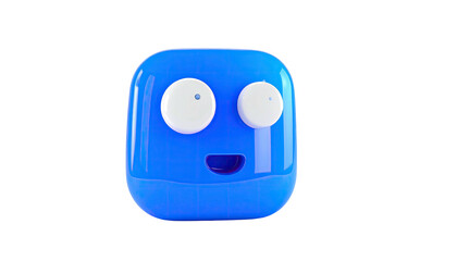 Glossy blue cube-like character with rounded corners, wide eyes, & a small mouth