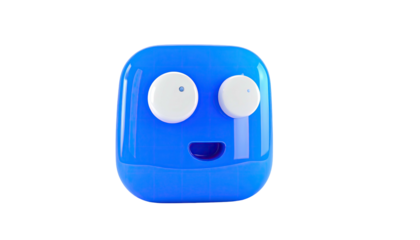 Glossy blue cube-like character with rounded corners, wide eyes, & a small mouth