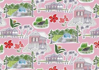 Vector illustration of a malay village with Perak traditional house under pink background