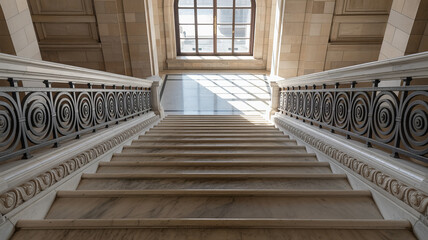 Fototapeta premium Elegant Staircase Perspective: The image showcases a majestic staircase, viewed from a unique angle, with the upward ascent framed by ornate railings and leading towards a sunlit window.