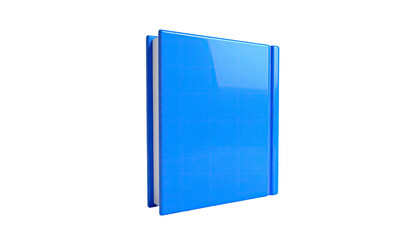 A glossy, bright blue book, slightly angled, standing against a solid black backdrop