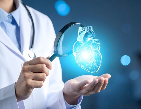 A doctor using a magnifying glass to examine a glowing, 3D digital heart on their hand. The background is dimly lit, with soft blue lights casting a calming glow.